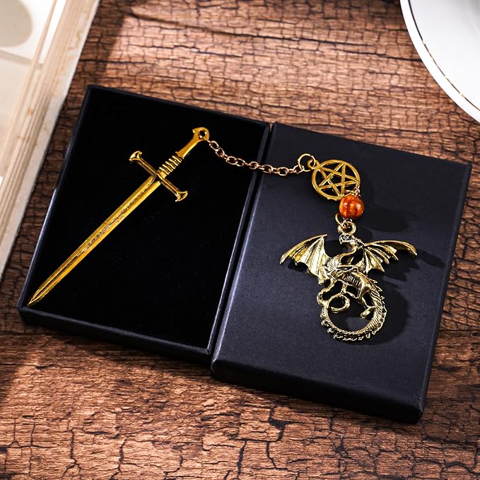 Fantasy Dragon Sward Bookmark - Cool Fourth Wing Page Marker Novel Fans Book Lovers Aesthetic Vintage Tassel Metal Pendant Antique Gold Bookmarks Inspirational Gift Reading Reader Men Boys