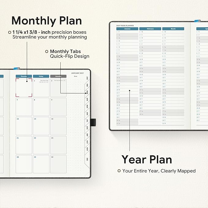 Planner 2026-2027 Weekly & Monthly Planner with Hourly Time Slots, 18 Month Academic Calendar July 2026 – Dec 2027, Vertical Layout, Monthly Tabs, Textured Fabric Hardcover, Grey