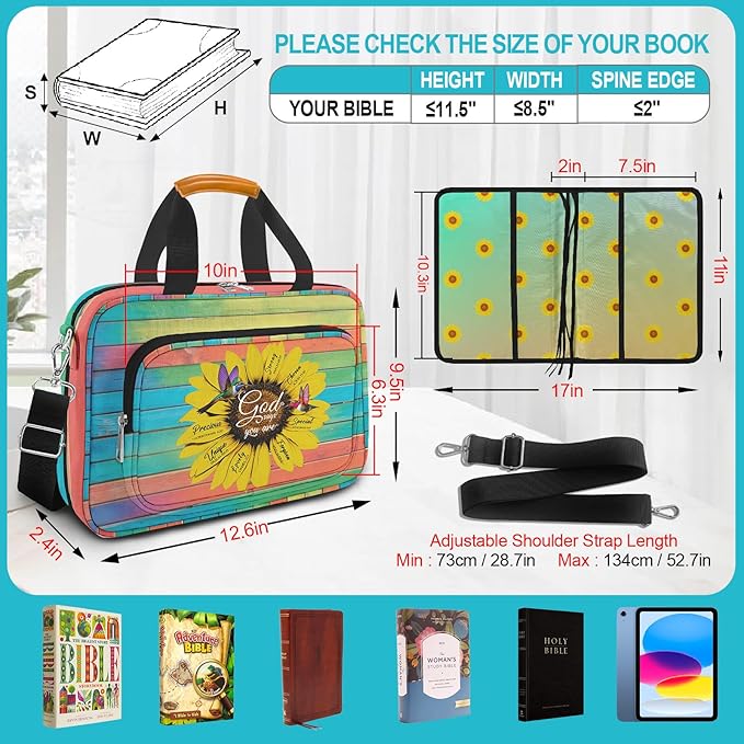 Bible Case for Women,Large Bible Cover,Bible Carrier,Bible Bag for Women Organizer,Sunflower Hummingbird Bible Holder,God Says You Are,Bible Study Supplie Kit With Highlighters,Tabs,Pen,Christian Gift