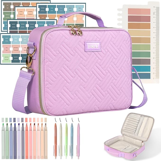 Bible Cover for Women Bible Case, Large Bible Bag, Bible Study Supplies Bible Journaling Kit Book Carrying Case with Bible Highlighters Tabs, Valentines Day Christian Gifts for Women(Purple)