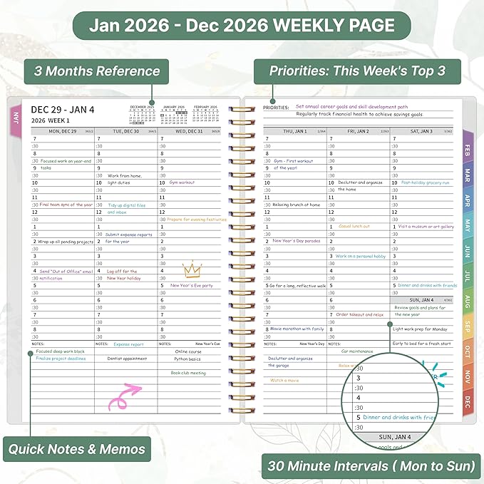 2026 Appointment Book, 30 Minutes-Hourly, Weekly ＆ Monthly Calendar Planner 2026, Jan 2026 - Dec 2026, 6.2'' x 8.4'', 2026 Daily Planner with Tabs ＆Pocket, Flexible Cover, Great for Office, Home, School