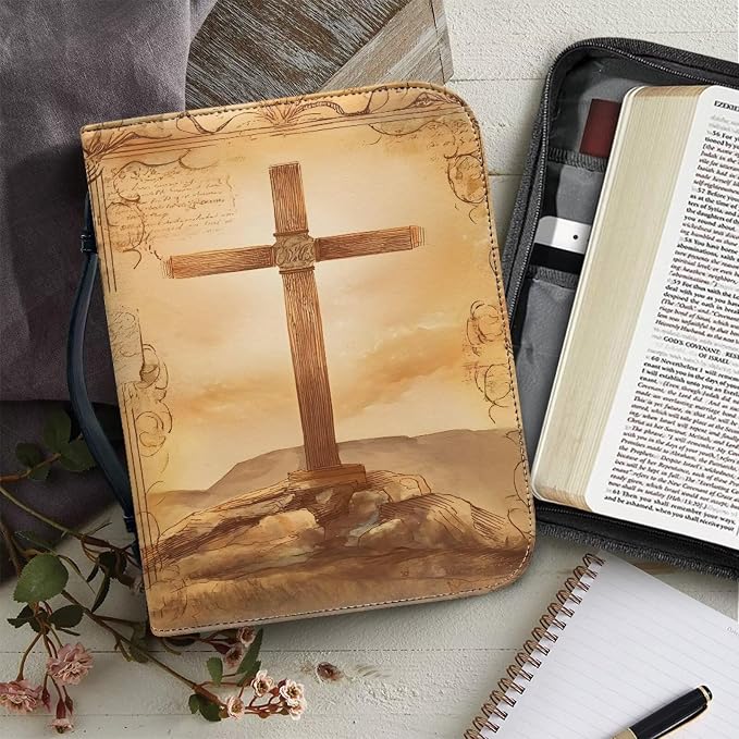 Retro Cross Monogram Bible Covers for Women Large Size PU Leather Bible Carrying Case with Handle Waterproof Bible Protector Portable Bible Organizer Bag