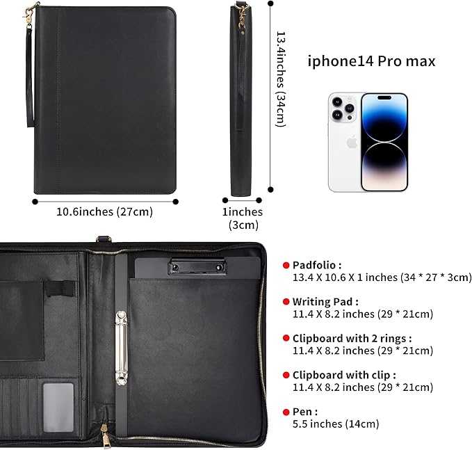 Wason A4 Portfolio with Zipper - Leather PU Padfolio with Detachable Ring Binder and Writing Notepad Holder, Conference File Multi-Pockets Organizer for Office Travel School (Black)