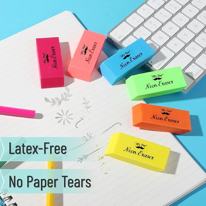 Mr. Pen- Pencil Eraser, 12 Pack, Neon Colors, Large Latex Free Block Erasers for School, Office, Art Sketching, Homework, Exams, Clean Smudge-Free Correction
