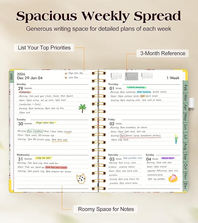 2026 Planner, Hardcover Weekly and Monthly Planner for Women, January 2026 - December 2026, Spiral Yearly Agenda Organizer Book 2026 with Tabs, Daily Calendar Planners for School Work Home, A5 (5.75" x 8.38"), Wildflower Garden