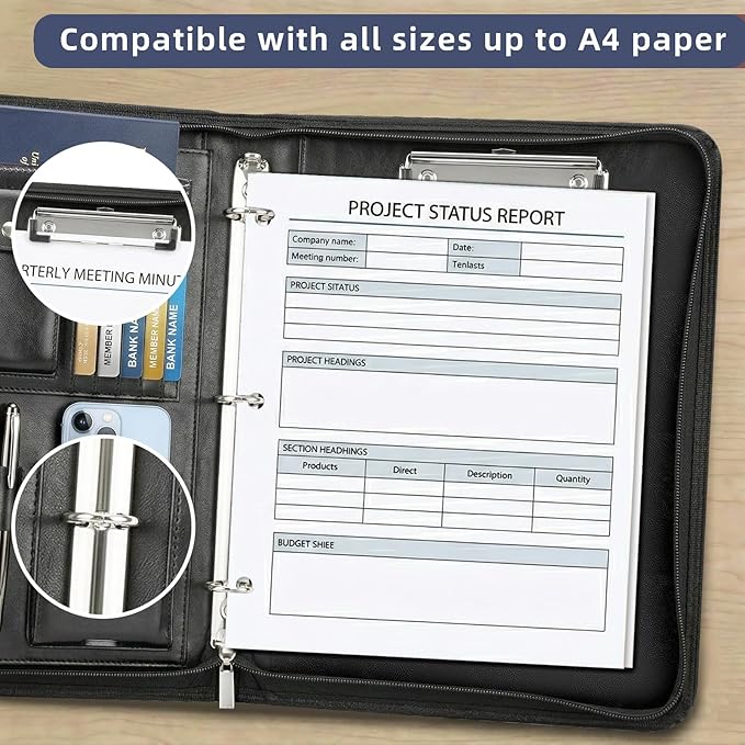 Zippered Padfolio with 3-Ring Binder & Clipboard, PU Leather Portfolio Organizer for Men Women, A4 Document Holder with Phone Pocket Pen Loops Card Slots, Professional Business Interview Folder Black