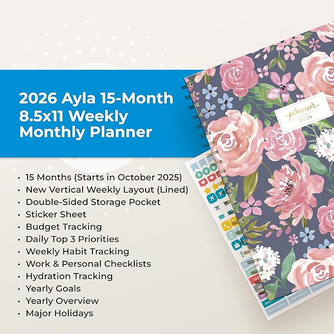 Blue Sky 15 Month 2026 Weekly and Monthly Planner Calendar, October 2025 - December 2026, 8.5" x 11", Laminated Cover, Durable Twin Wire Binding, Laminated Tabs, Storage Pocket, Includes Stickers, Alya