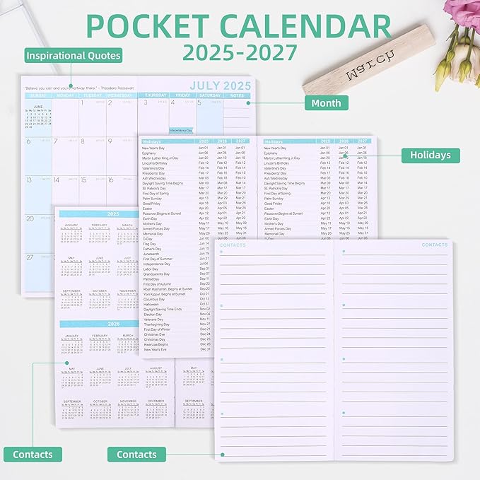 2026-2027 Monthly Pocket Planner/Calendar , 2 Year Small Size Academic Planner With Daily Quotes Hardcover Agenda Book Perfect Organizer for Purse,Planning, Organizing, and Office Use (Floral+Starry Sky Green)