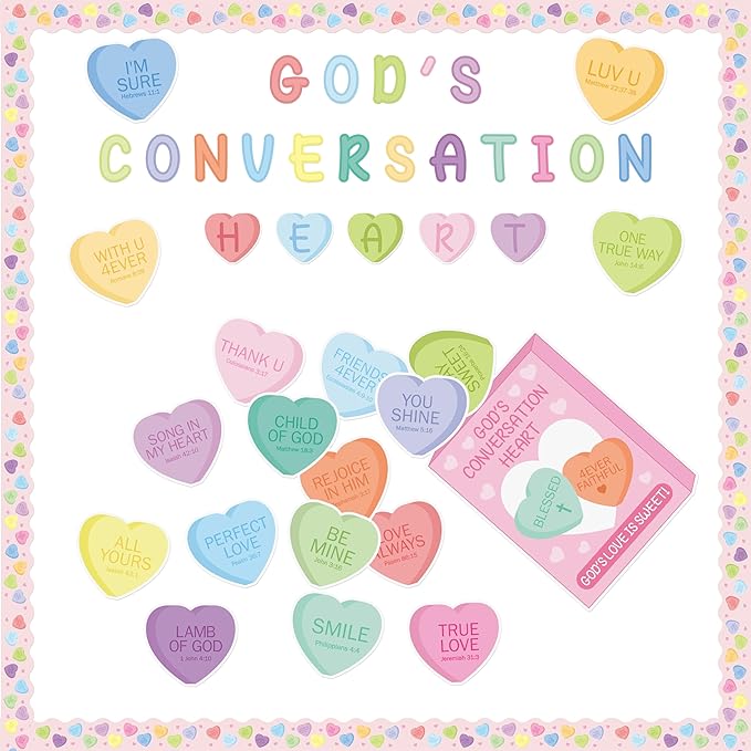 135Pcs Valentine’s Day Conversation Heart Bulletin Board Decoration Candy Heart Cutouts Border Trim Jesus Religious Sunday School Classroom Wall Decors for Chalkboard Valentines Party Supplies