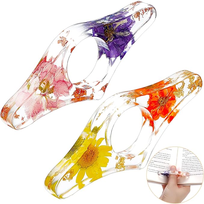 2 Pcs Dried Flower Resin Book Page Holder Transparent Thumb Ring Pages Holders Handmade Personalized Bookmark Reading Accessories for Teachers Book Lovers Literary Birthday Gift