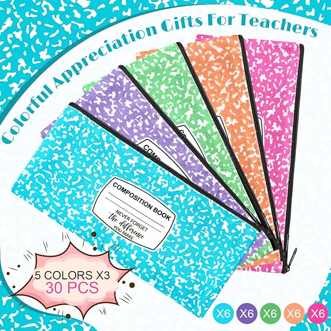 Epakh 30 Pcs Teacher Pencil Case Pouch 8.7 x 3.9 Inches Composition Teacher Appreciation Gifts Portable Pencil Bag with Zipper Multipurpose Cute Pen Pouch for Teachers Stationery Organizer (Classic)