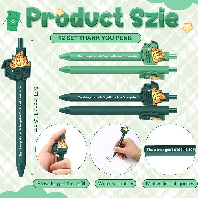 Sayglossy 12 Set Dumpster Funny Desk Accessorie Employee Appreciation Bulk Teacher Graduation End of Year Positive Coworker CNA Nurse Thank You Inspirational Pen Mini Figurine Card Bookmark (Green)