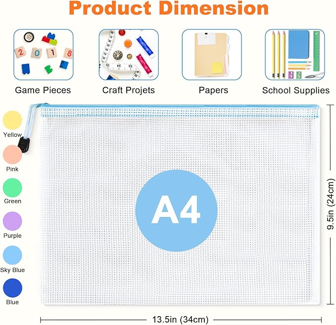 Mesh Zipper Pouch Bags: Clear Zipper Pouches for Classroom, Plastic Mesh Bag Letter Size Document Pouch, A4 Waterproof Organizing Pouch for School and Office Supplies (13.5 x 9.5Inch, 6PCS, 6 Color)