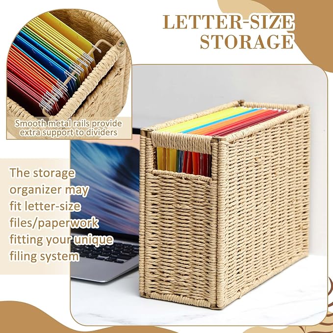 Teenyyou 2 Pack Hanging File Box 14.5 x 6 x 10.8 Inch Paper Rope Decorative Filing Basket Woven Document Organizer Folder Box with Handle Collapsible Letter Size Filing for Office Home Storage Decor