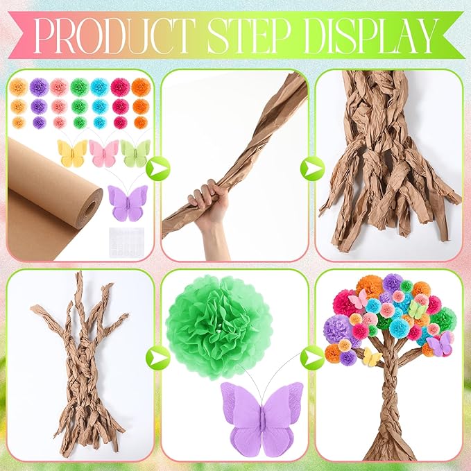 Pasimy 3D Cardboard Tree for Classroom Wall Bulletin Board - DIY Blooming Tree with Paper Pom Poms Pastel Butterflies Kraft Crafts for Kindergarten Preschool Elementary Daycare School Decorations