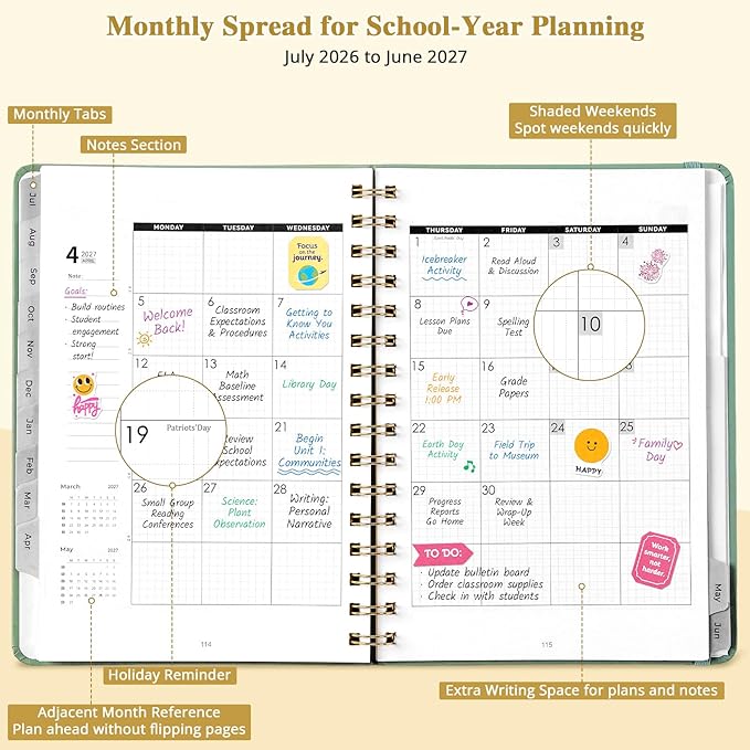 JoyCat Academic Planner 2026-2027, July 2026 - June 2027, A5 Weekly & Monthly Planner, Hardcover Agenda with Tabs, 5 Sticker Sheets, Elastic Closure & Pocket for Teachers & Students, 6.3" x 8.5", Green
