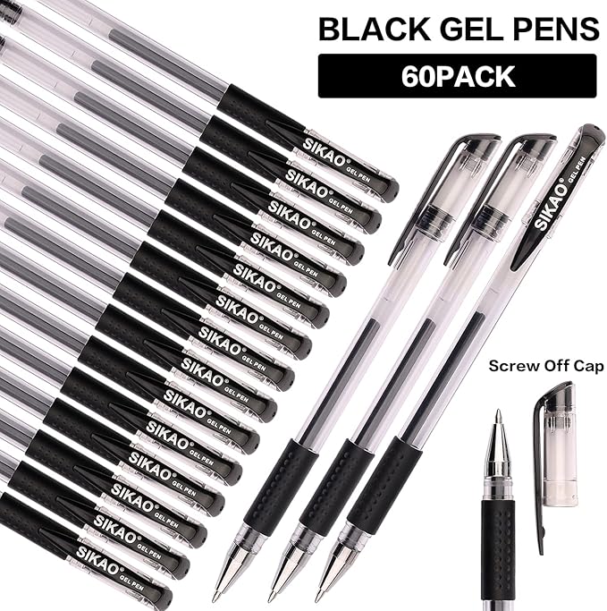 Black Gel Pens Bulk, 60 Pack 0.7mm Fine Point Gel Ink Rollerball Pens, Smooth Quick-Dry Black Ink No Smear, Comfortable Grip Pens for Office, School, Journaling, Note-Taking & Daily Writing