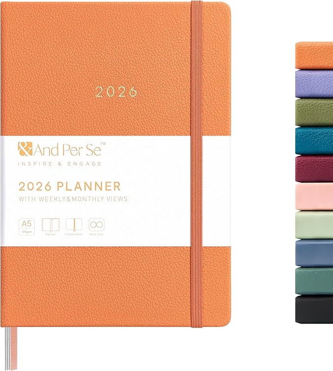 And Per Se 2026 Planner-Daily, Weekly & Monthly Leather Hardcover Planner, 5.7" x 8", Daily Schedule, 100 GSM Thick Paper, Back Pocket(Pumpkin Orange)