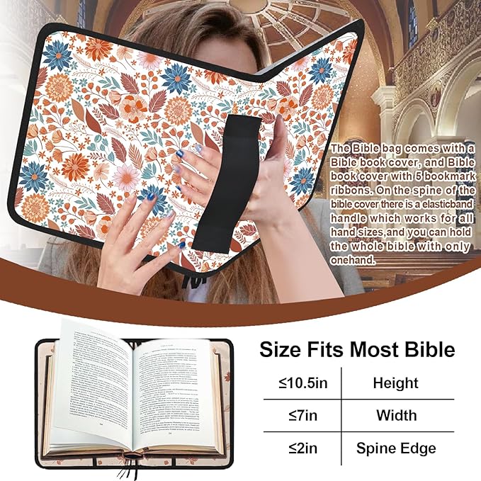 Bible Cover Case for Women,Bible Carrier,Floral Print Bible Bags for Women Organizer,Bible Holder Case with Shoulder Strap,Handle,Bible Study Supplies Kit with Highlighters,Tabs,Pens,Christian Gift