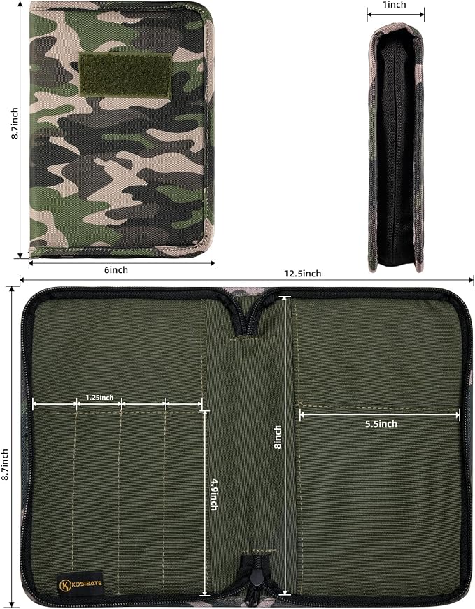 Kosibate Tactical Notebook Cover with Zipper,7.5x5 Inch OCP Military Notebook Cover, Detachable Army Field Tactical Portfolio Organizer with Flag Patch,for Protecting Notes,Book(Camogreen, Cover Only)