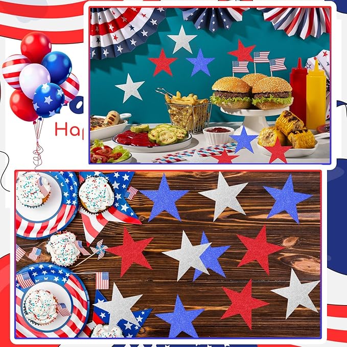 JUNEBRUSHS Patriotic Stars Cutouts, 48Pcs Double Sided Glitter Stars Cutouts 4th of July Paper Star Classroom Bulletin Board Decoration for Independence Day Wall Decor Craft Supplies