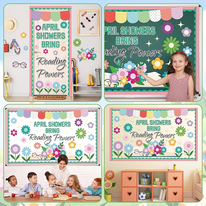 April Showers Bring May Flowers Bulletin Board Decorations Set Spring Reading Classroom Decoration April Floral Bulletin Board Spring Floral Cutout for Back to School Office Home Chalkboard Wall Decor