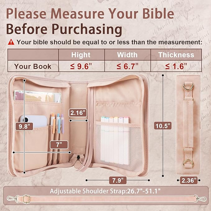 Classic Leather Bible Cover Case with Cross Design and Handle & Shoulder Strap for Women, Durable Bible Study Supplies Organizer Carrying Bag, Christmas Gifts for Christians with Gift Box（Pink