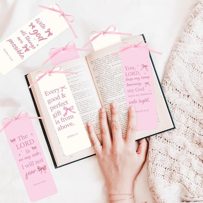 TICIAGA Religious Pink Bow Bookmark - 12PCS Christian Pink Bow Paper Bookmark with Ribbon for Girl Reading Lover, Funny Girl Inspirational Bible Verses Coquette Page Marker for Kids Easter Gifts