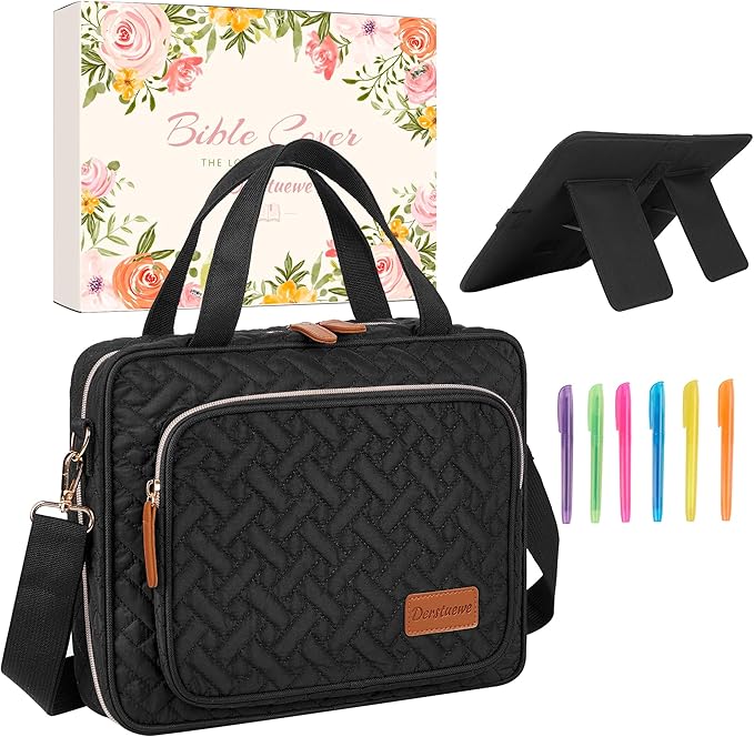 DERSTUEWE Bible Cover Case for Women – Stylish & Durable Bible Bag with Zippered Closure, Floral Print, Fits Standard & Large Bibles, Perfect for Church & Travel, Black Color
