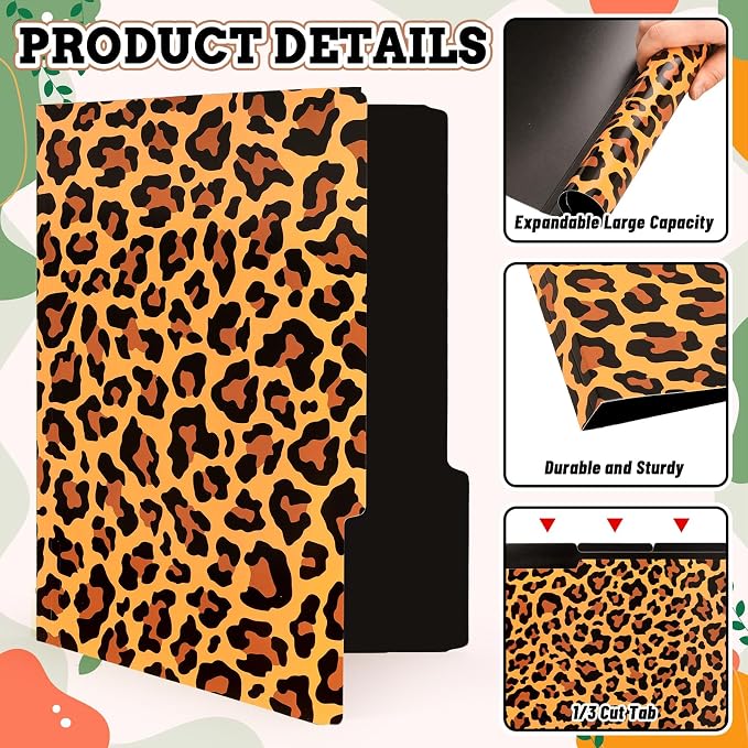 Whaline 24 Pack Animal Prints File Folders Letter Size Safari Leopard Zebra Tiger Giraffe Print File Pockets with 1/3 Cut Tab for Home Office Classroom Supplies, 8.9 x 11.6 Inch