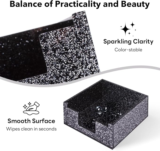 Black Sparkling Sticky Note Holder, Glitter Acrylic Organizer, 3.94 x 3.94 in Multi-Use Tray for Office, School & Home Desk