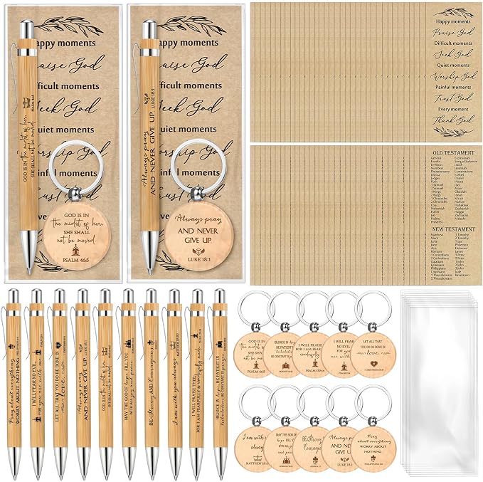 Lincia 40 Sets Christian Father's Day Birthday Gifts Bulk, Bible Verse Bookmarks Keychains with Bamboo Pens Religious Church Gifts Bulk for Men Ministry Bible Study Pastor Appreciation Church Events