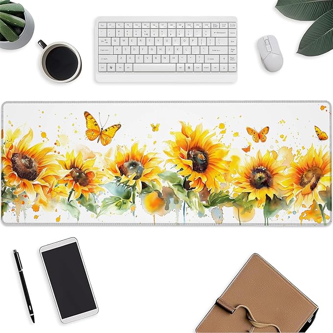 Sunflower Mouse Pad，Yellow Butterfly Gaming Keyboard Mat，Laptop Computer Protector with Non-Slip Rubber Base，Large Extended MousePads Gifts for Desk Office Home，Deskmat Decor 31.5" x 11.8"