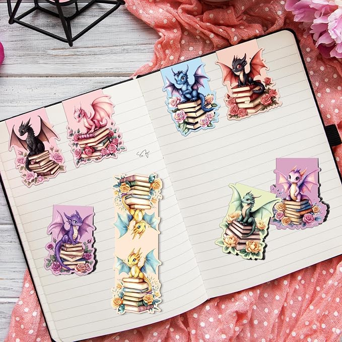 Wxiben Flower Dragon Magnetic Bookmark - 8 Pcs Dragon with Wings Bookmarks Magnetic Floral Animal Magnets Book Marks Page Clip Gift for Women Men Book Lovers Students Teacher Reading School Supplies