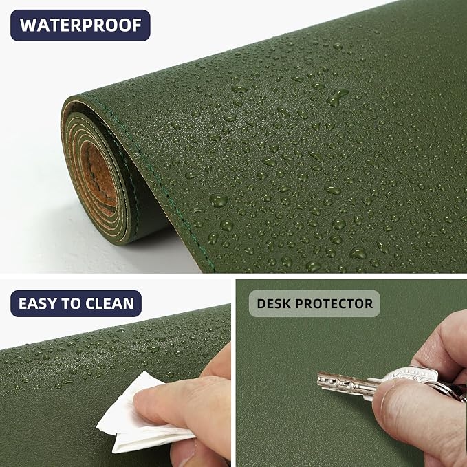 AFIING Leather Desk Pad Protector, Large Desk Mat with Natural Cork & PU Leather, Mouse Pad, Non-Slip, Waterproof Desk Writing Pad for Office and Home, Military Green