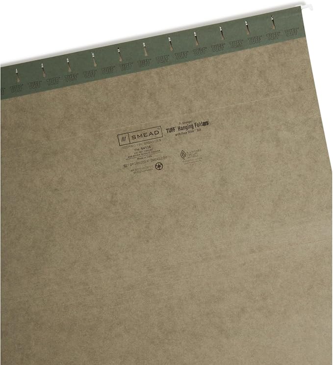 Smead TUFF Hanging File Folder with Easy Slide Tab, 1/3-Cut Sliding Tab, Legal Size, Standard Green, 20 per Box (64136, Rod Color May Vary)