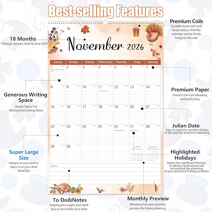 GuassLee Extra Large Wall Calendar 2026-2027, 20"x 30" Big Vertical Wall Calendar 2026, Jan. 2026 to Jun. 2027, 18-Month Hanging Planner Wall with Julian Date for Office Home School Organizing