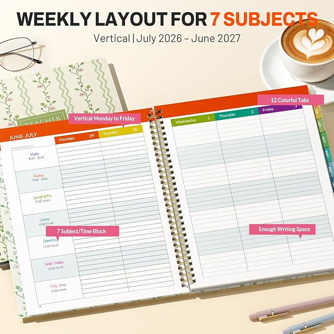 SUNEE Teacher Planner 2026-2027 Academic Year, 7 Periods Lesson Plan Book Jul 2026 - Jun 2027, 8.5"x11" Daily Weekly Monthly Organizers Vertical Layout with Bookmark, Waterproof Cover, Floral Stripes