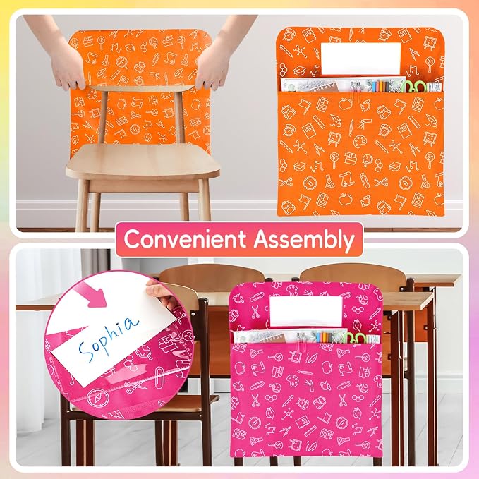 gisgfim 24 Pcs Chair Pockets for Classroom 17 x 20 Inch Colorful Stationery s with Name Tag Chairback Pouch Bag Organizer for Student Elementary School Daycare Supply