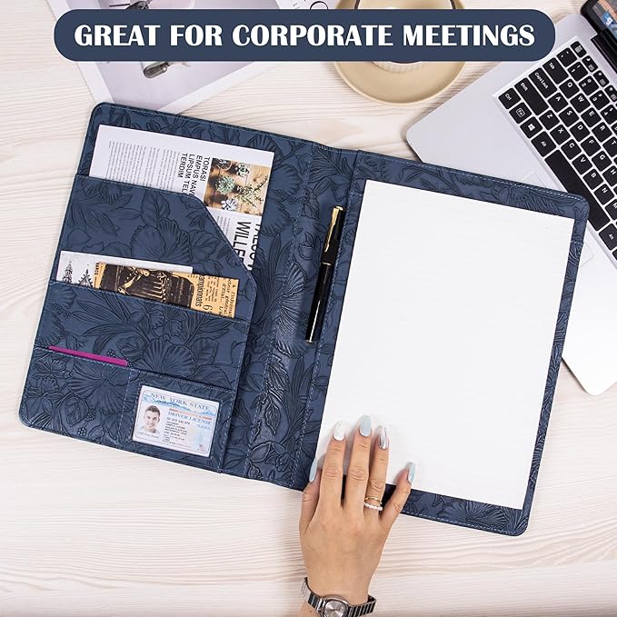 Free Engraved Name,Embossed Padfolio Portfolio PU Leather Binder,Interview Resume Folder,Business Card Holder, Organizer with A4 Legal Pads for Men Women(Blue,Custom)