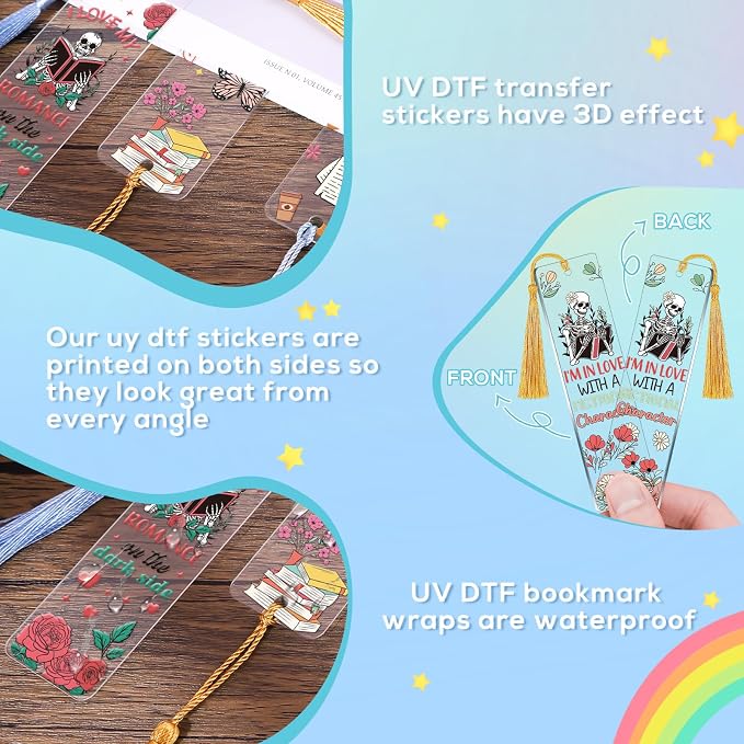 UV DTF Bookmark Wraps - 24 Sheets Smut UVDTF Decals for Acrylic Bookmark Blanks, Double-Sided Printing Rub on Transfer Stickers, Skeleton UV Stickers for Book Lover DIY Crafts