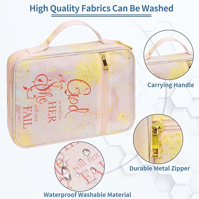 Bible Cover for Women, Bible Holder, Bible Cover Carrier Carrying Organizer Bag, God is Within Her She Will Not Fall, Zipper and Pockets for Standard Size Bible, Gift for Women（Pink Marble）