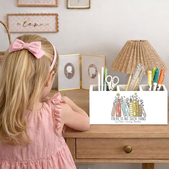 Books & Flowers Pen Holder, Inch Desk Organizer, “There Is No Such Thing as Too Many Books” Colorful Desk Storage for Pens, Pencils, Scissors – Teacher, Student, Book Lover Gift