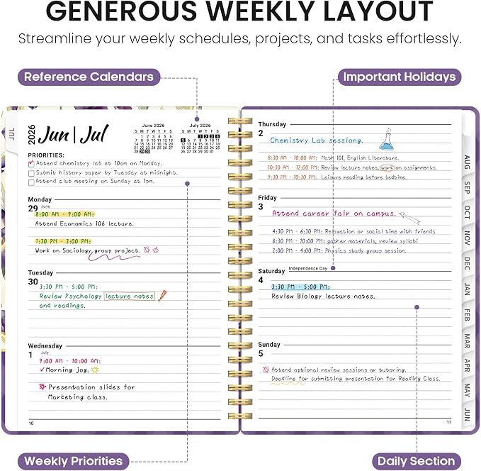 Planner 2026–2027, Academic Year Monthly & Weekly Calendar Book, Jul 2026–Jun 2027, Hardcover Organizer with Tabs, Student & Teacher Planner, 6.3" x 8.5", Purple Iris