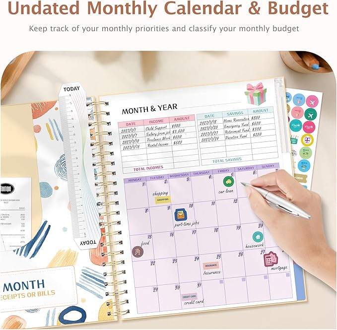 Ospelelf Budget Planner Undated, Money Expense Tracker with Pocket & Stickers, Thick Cardboard Cover, Large Pages for Spacious Writing, Original Fun Colorful Design, 12 Month Financial Notebook Beige