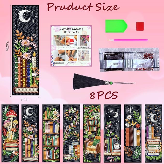 8PCS Diamond Painting Art Bookmarks,Cute Acrylic Bookmarks Crafts Kits Gifts with Tassels for Adult Women Book Lovers (Bookself2)