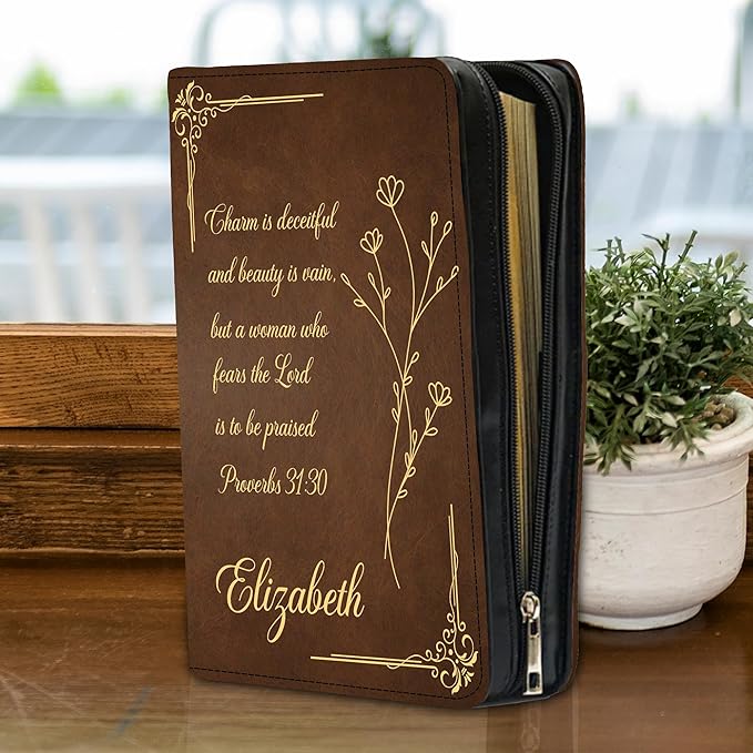 Custom Leather Bible Cover with Name – Personalized Bible Case for Women, Zippered with Handle, Bookmark & Storage Pockets, Christian Gift for Mom, Daughter, Grandma (Custom Quote, M-2XL)