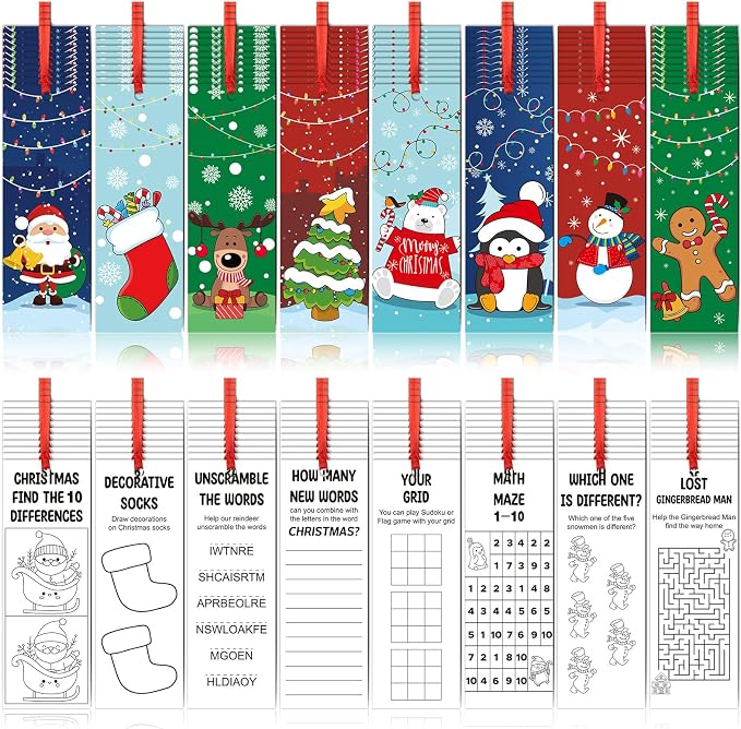 Jetec 80 Pcs Merry Christmas Color Your Own Bookmarks with Ribbon Bulk DIY Coloring Theme Blank Elk Bookmarks with Snowman Christmas Tree Party Craft Supplies Room Decorate (Santa)