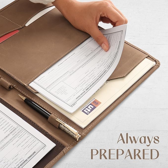 Succor Genuine Leather Portfolio Padfolio – Professional Business Folder & Leather Binder Organizer with Legal Pad Document Holder for Men & Women, Zipper-Free – 13x10 Inch, Hunter Brown