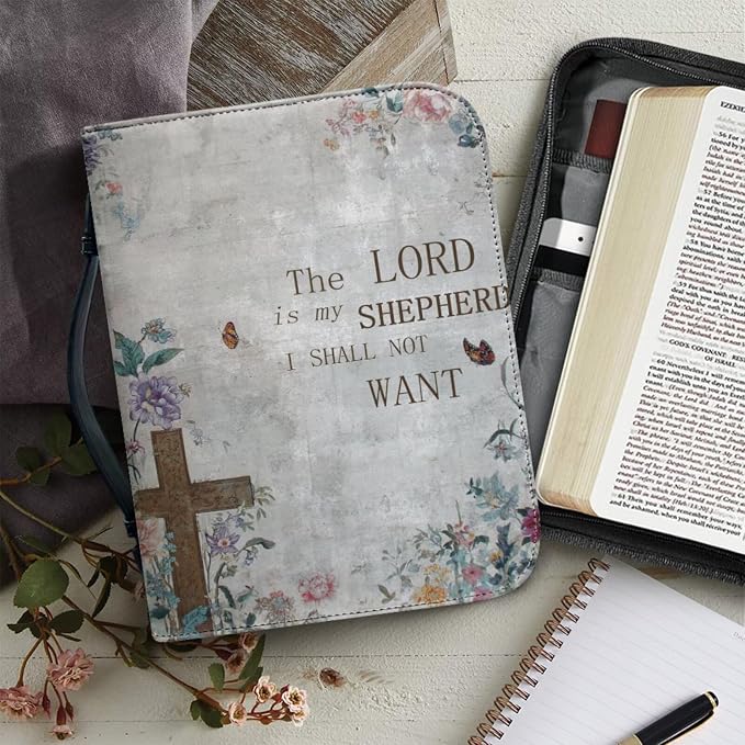 Vintage Style Floral and Cross Bible Case with Bookmark Waterproof Bible Cover Case for Women Lightweight Bible Bag with Handle Pockets Church Book Bag Grey